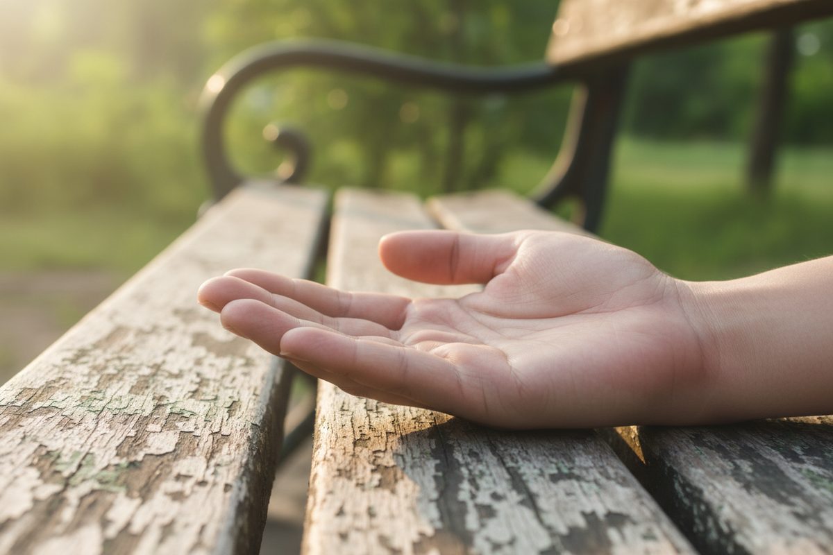 Open hand resting palm-up on a weathered park bench in morning light