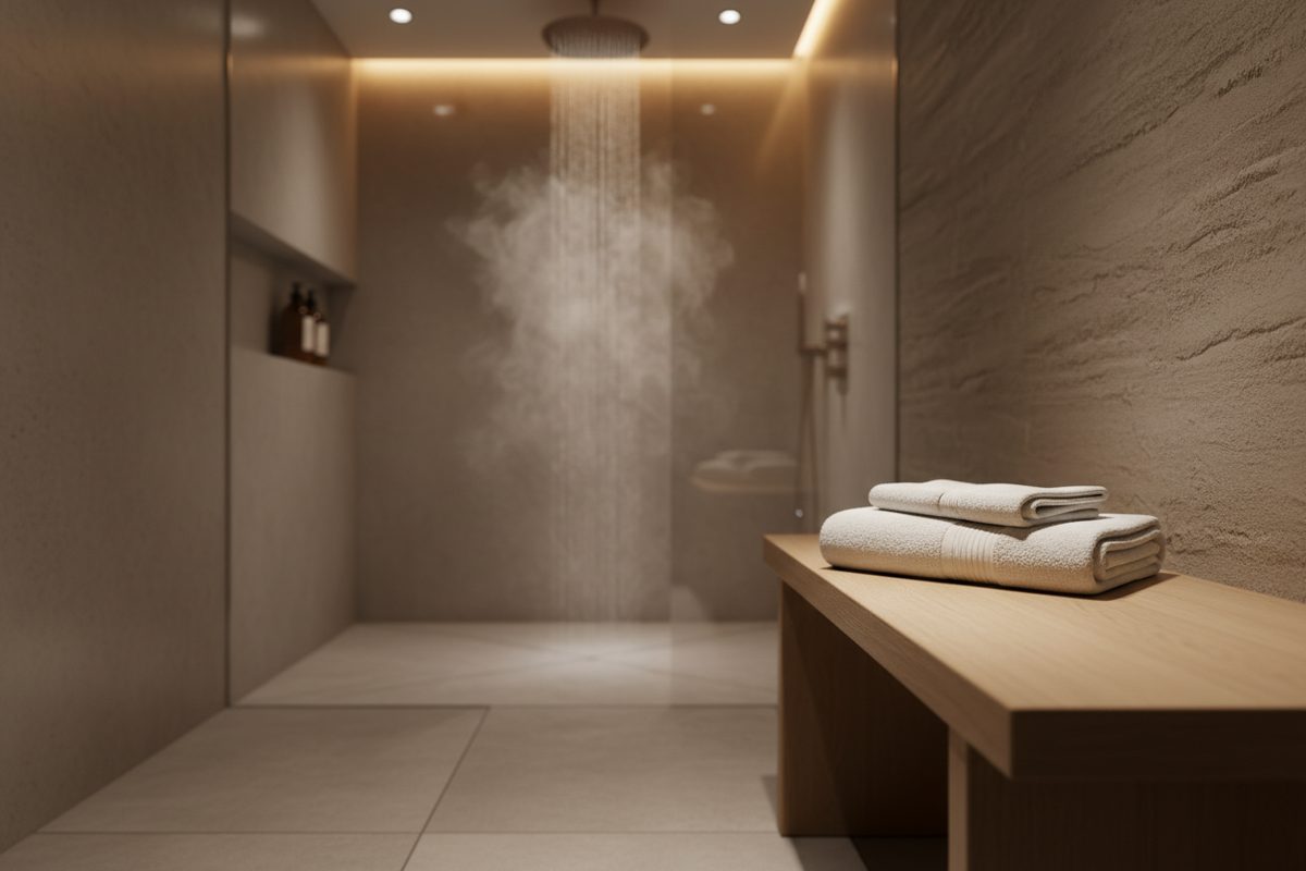 Steam rising from a warm shower with a folded towel on a bathroom bench