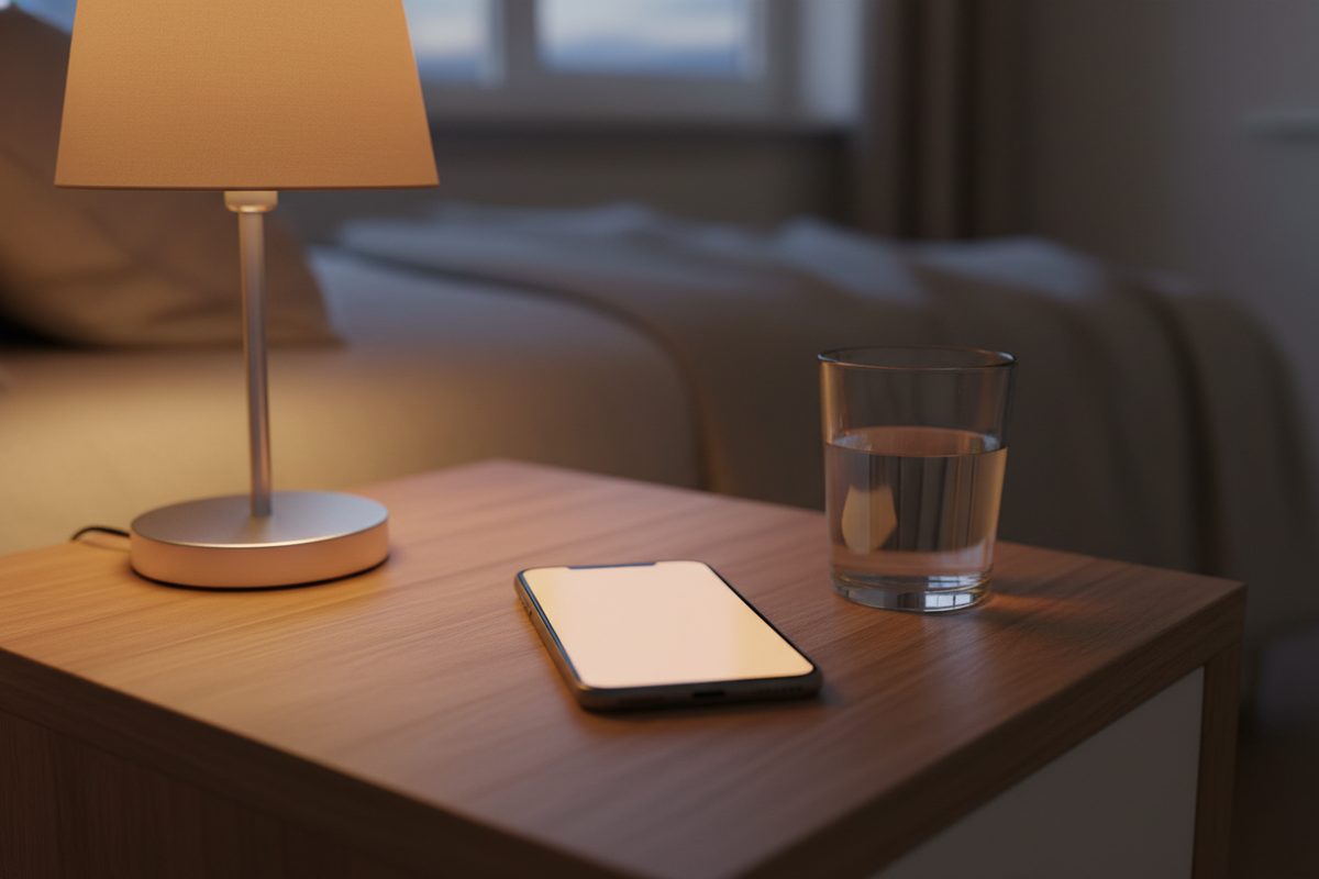 Smartphone glowing softly on a nightstand beside a warm bedside lamp