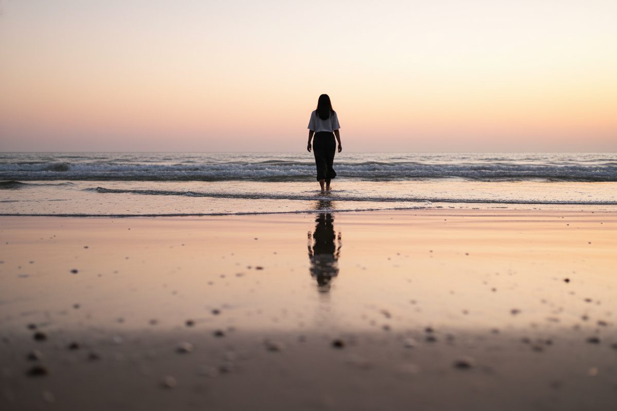 Silhouette walking along a quiet beach at sunrise with pastel sky