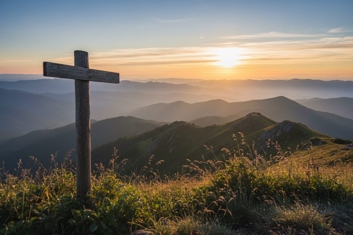 Mountain overlook at sunrise with layered ridges fading into warm mist