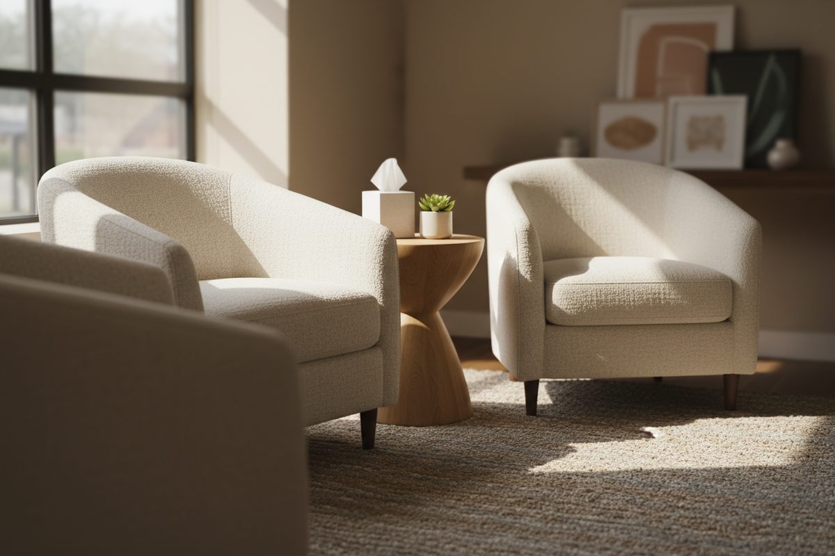 Two empty armchairs angled toward each other in a warm therapist's office