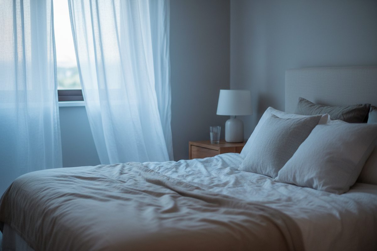 Quiet bedroom at dawn with soft light through curtains and water glass on nightstand