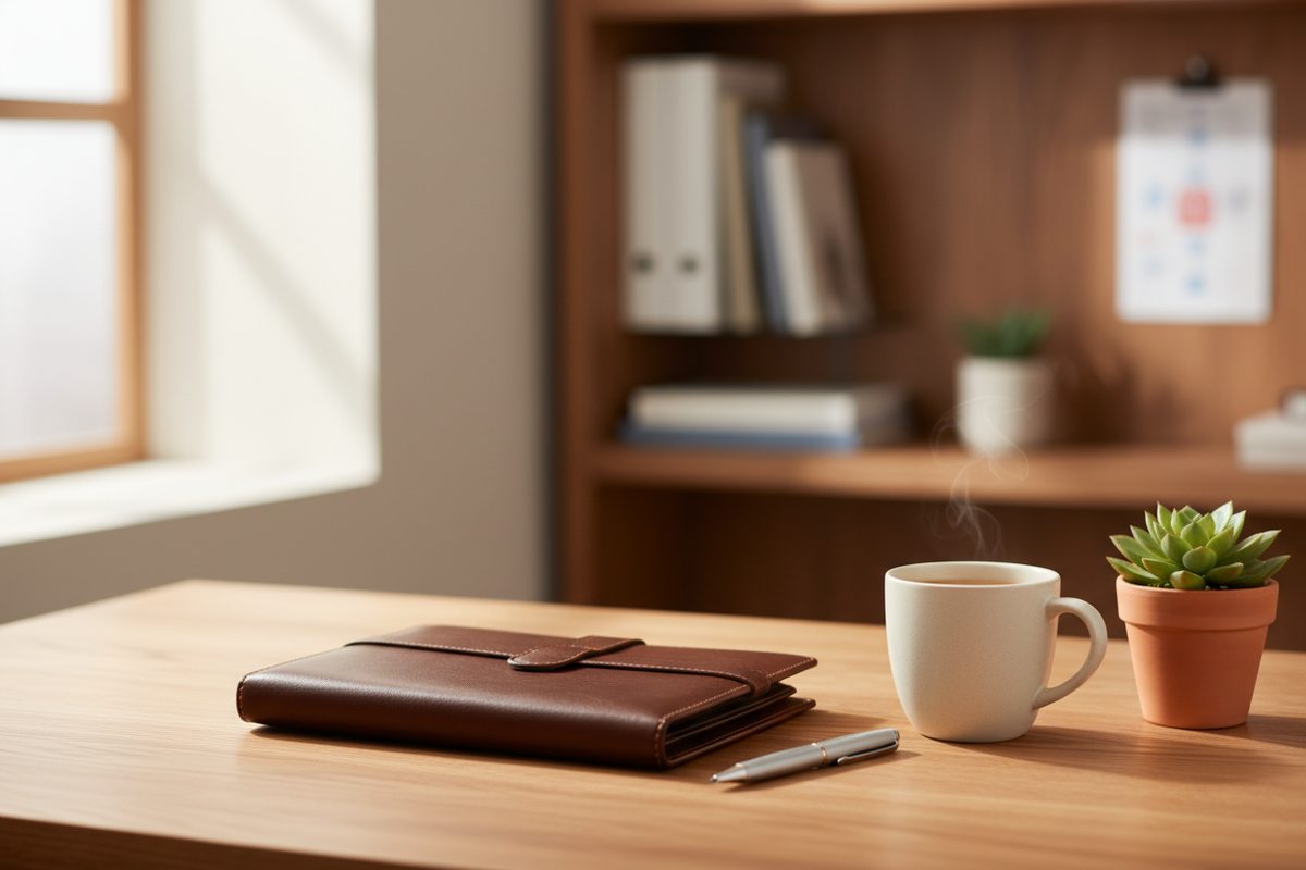 Tidy clinician's desk with a closed portfolio, pen, mug, and plant in window light