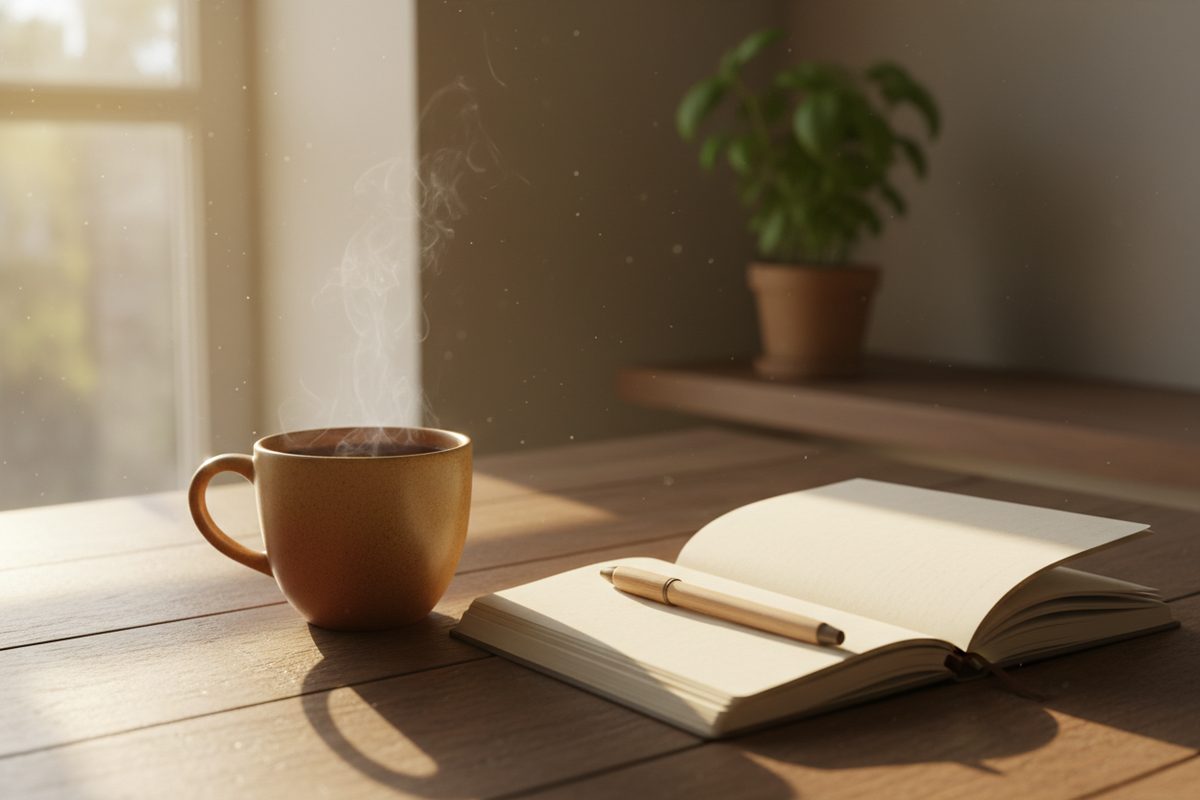 Warm mug of tea and an open blank notebook on a sunlit kitchen table