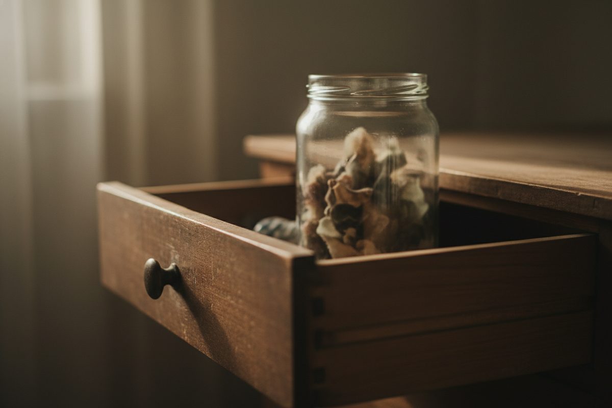 Unlabeled glass jar pushed to the back of a wooden drawer in soft lamplight