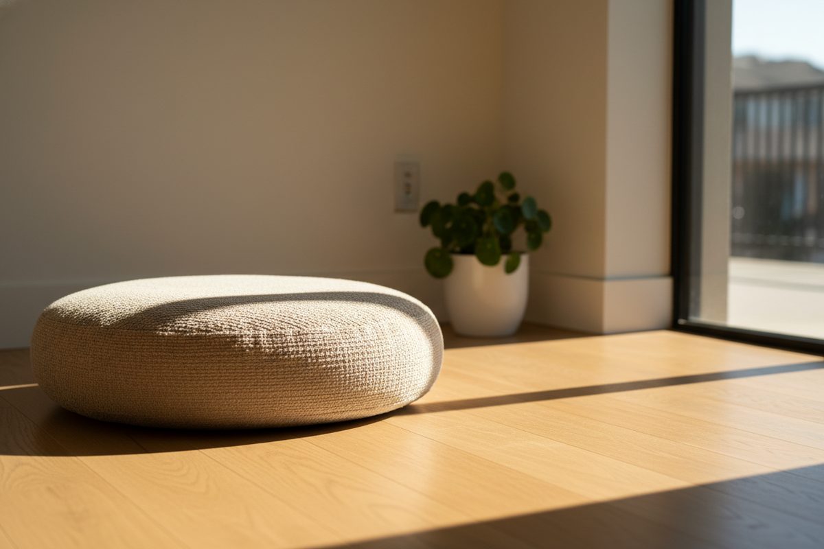 Meditation cushion on a wooden floor beside a sunlit window