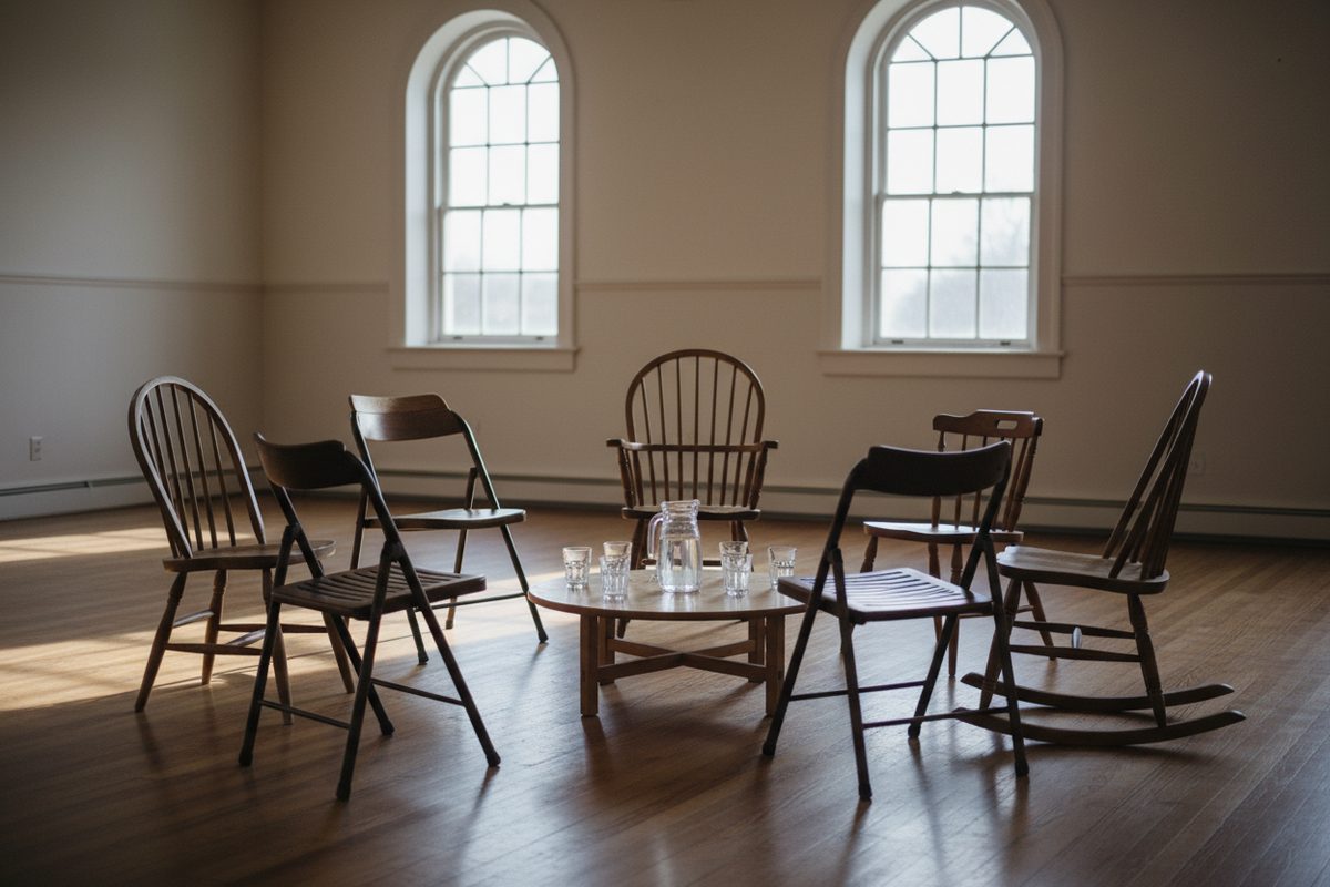 Circle of empty wooden chairs around a small table in a sunlit community room