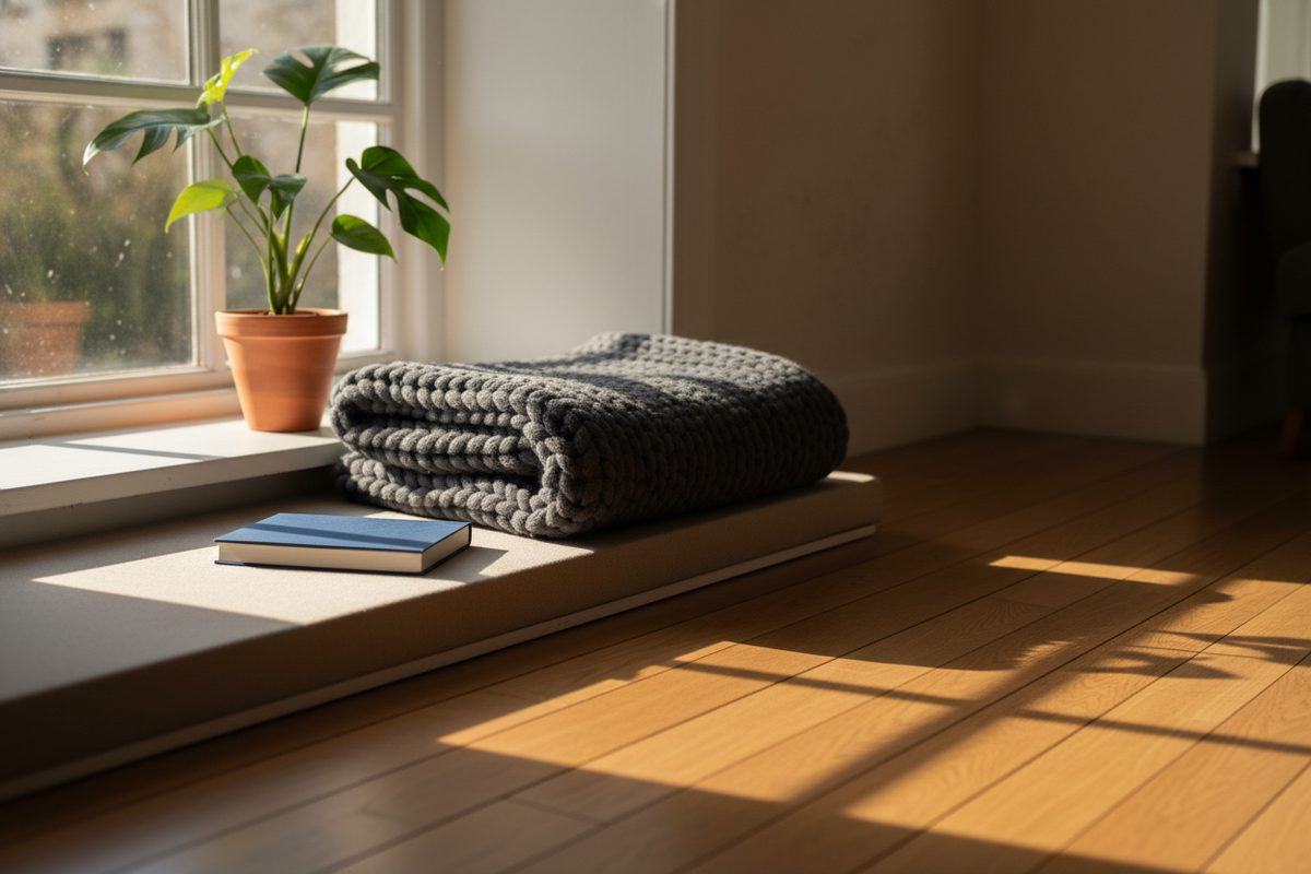 Sunlit window seat with a folded blanket and closed book