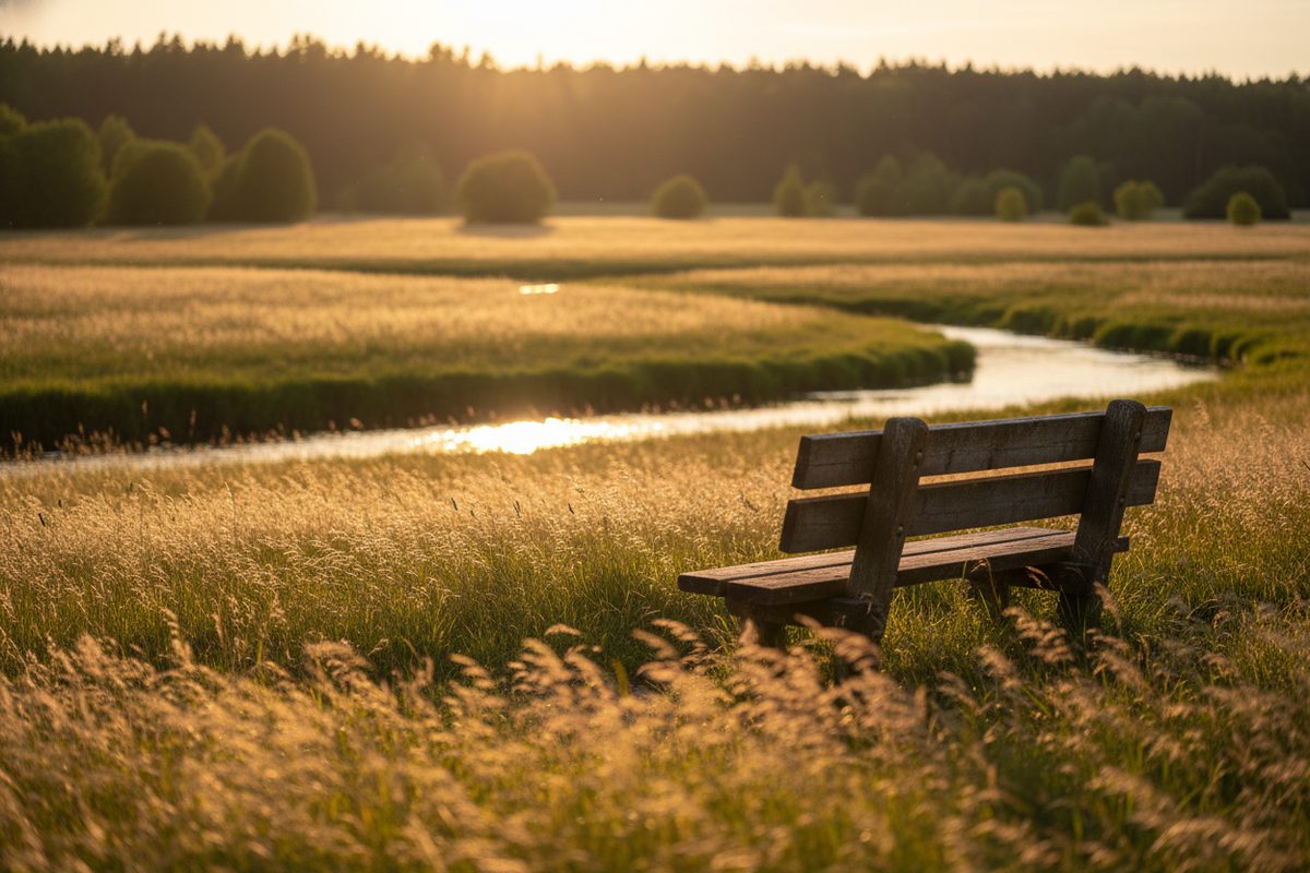 Empty wooden bench overlooking a sunlit meadow at golden hour