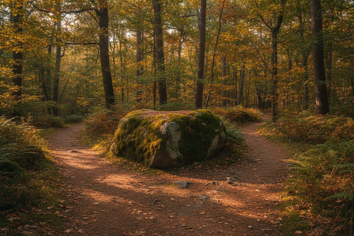 Forested hiking trail splitting into two paths in dappled autumn sunlight