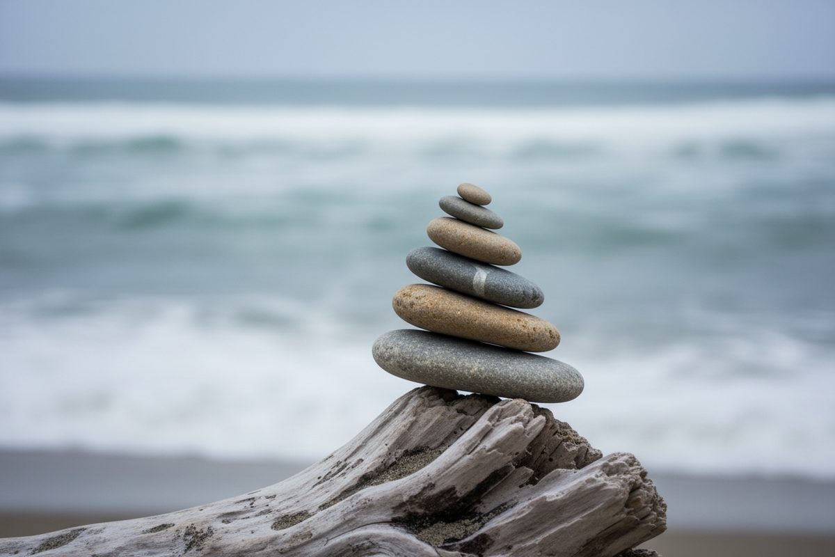 Balanced stack of beach stones on driftwood with ocean blurred behind