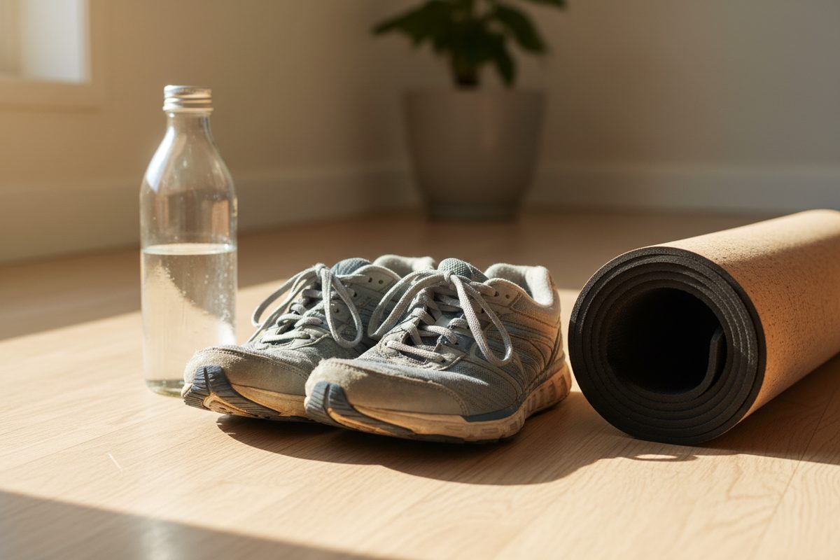 Running shoes beside a rolled yoga mat and water bottle in morning light