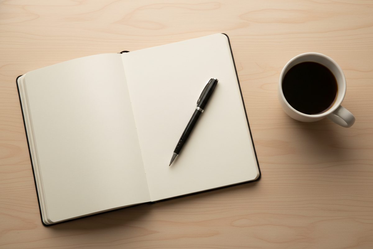 Overhead view of an open blank notebook, pen, and coffee mug on a wooden table