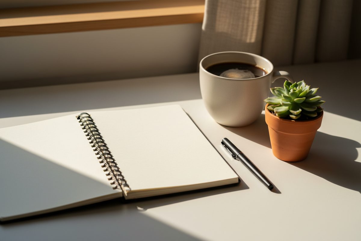 Open blank planner with pen, succulent, and coffee in warm desk light
