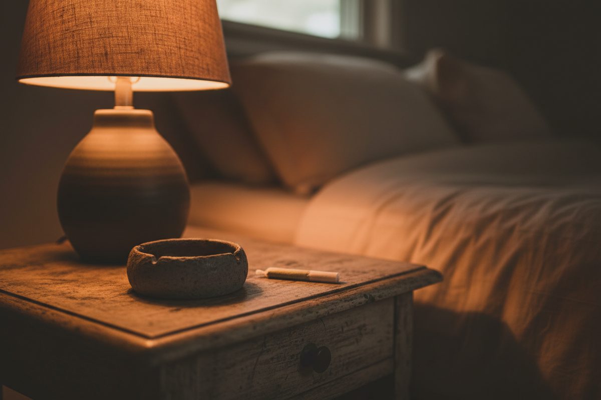 Empty ashtray and a single unlit pre-roll on a quiet side table by lamplight