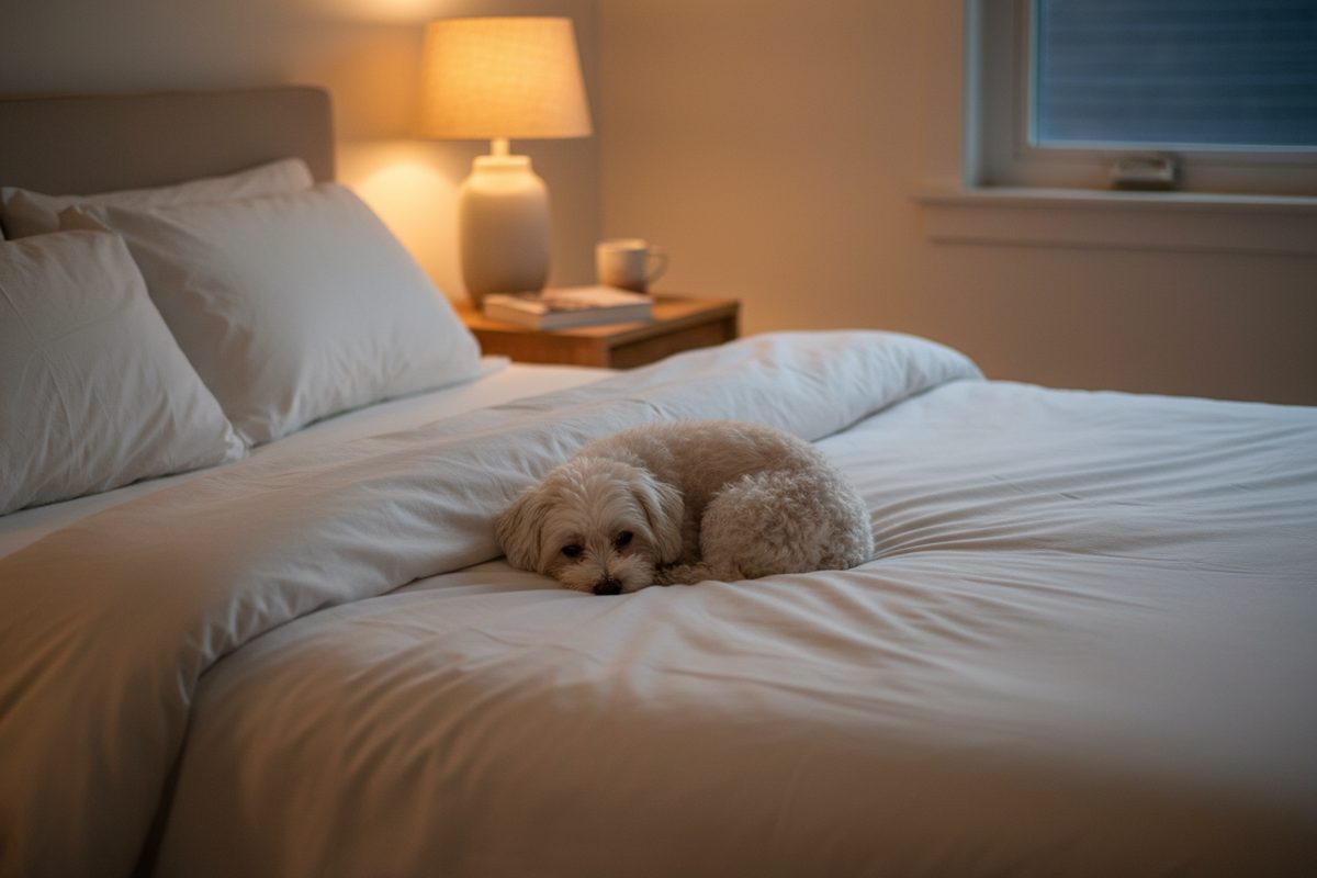 Small dog curled asleep on a neatly made bed beside a lit nightstand lamp
