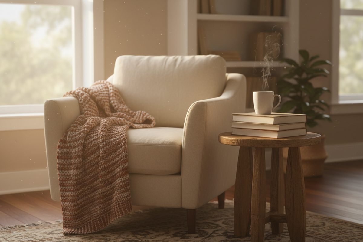 Cozy reading nook with an armchair, throw blanket, and stack of books in golden window light