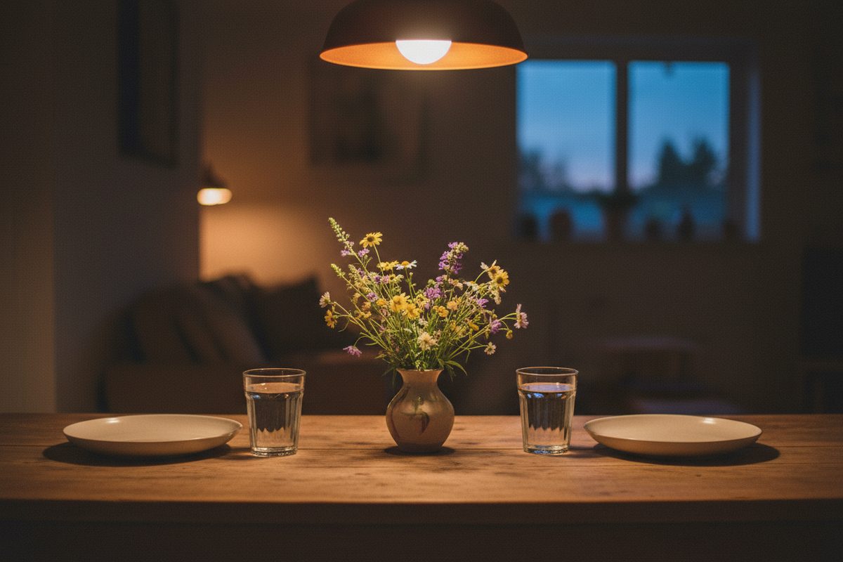 Kitchen table set for two with wildflowers in warm pendant light