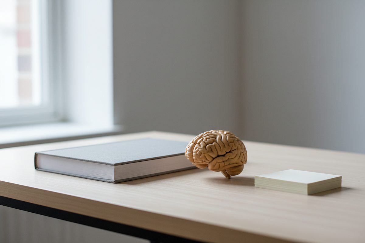Anatomical brain model beside a closed reference book on a clean study desk