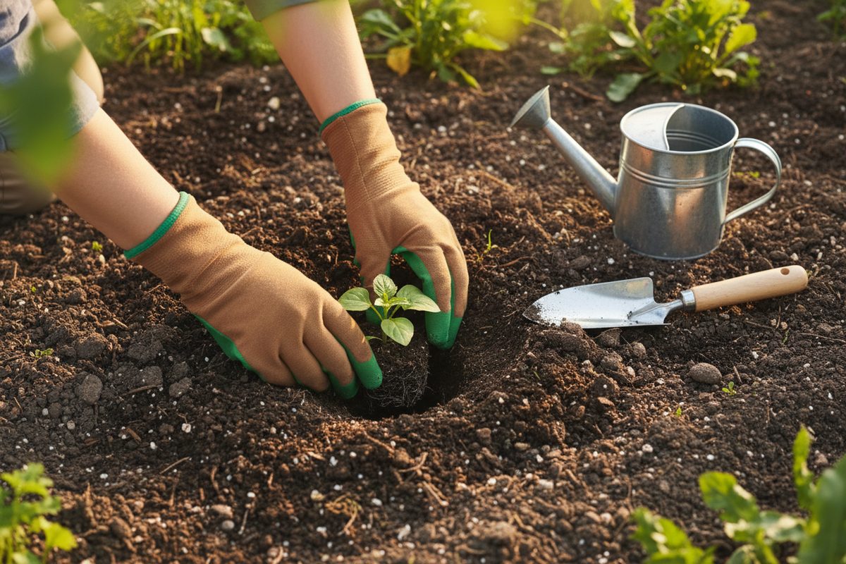 Gloved hands planting a seedling in rich soil with a trowel beside