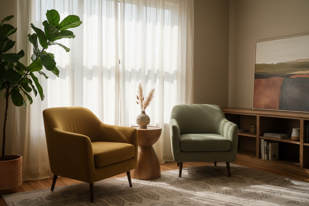 Two empty armchairs angled toward each other in a softly lit therapy office