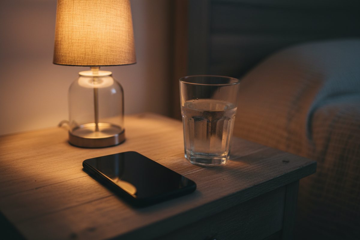 Smartphone face-up on a nightstand beside a softly lit bedside lamp