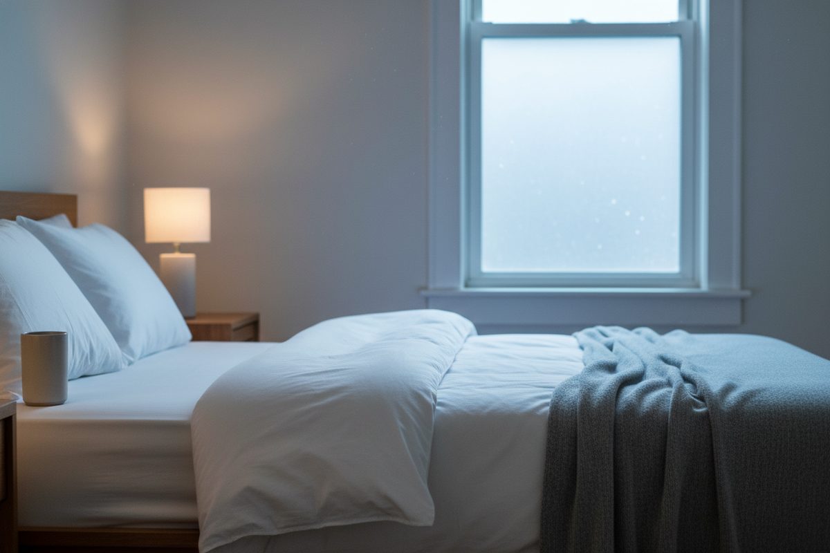 Neatly made bed with water glass and small lamp in soft morning light